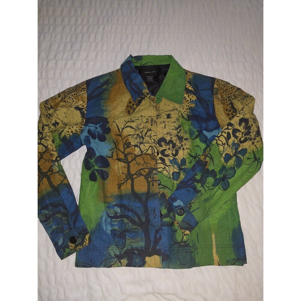 Morgan Cole Art To Wear Abstract Leopard Floral Linen Button Shirt Jacket S EUC
